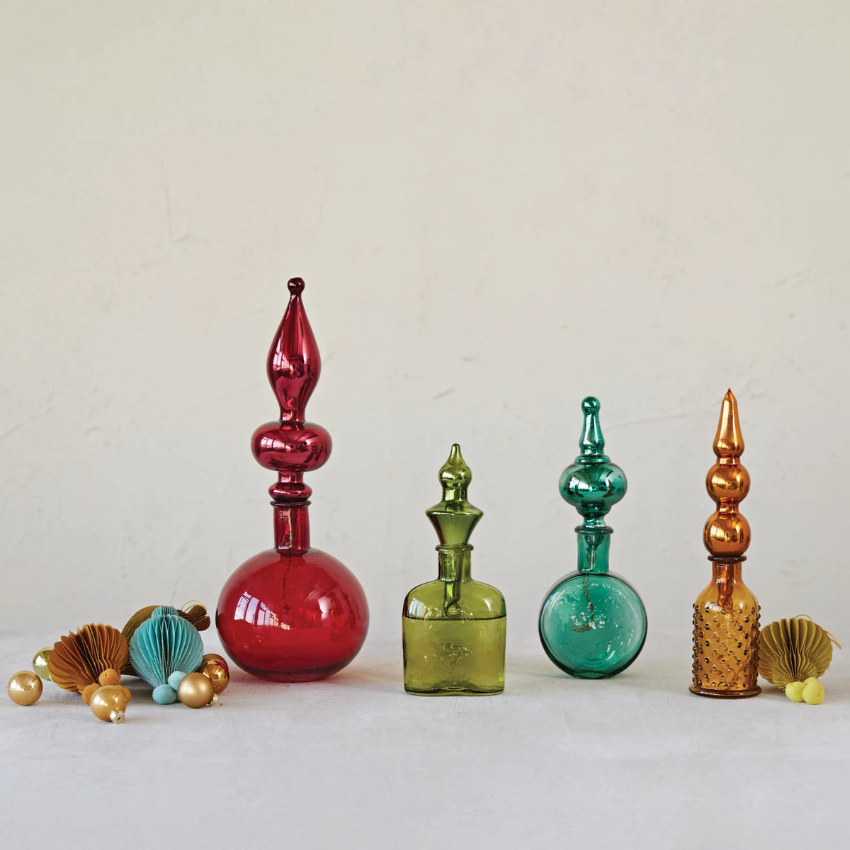 Decorative Glass Bottle w/ Mercury Glass Finial Stopper, Teal – Jones & Daughters