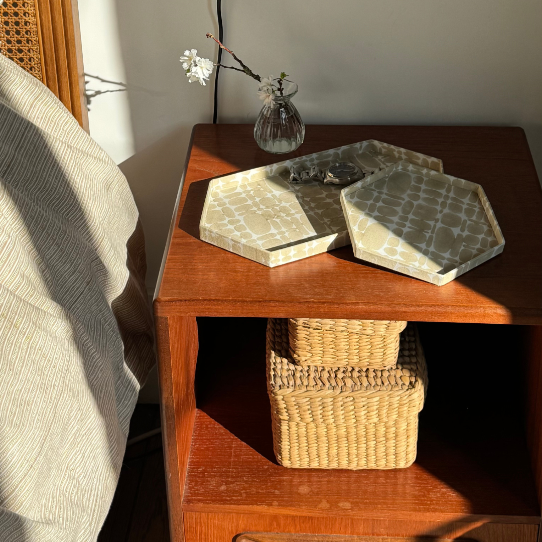 Pierre hexagon trays on a nightstand