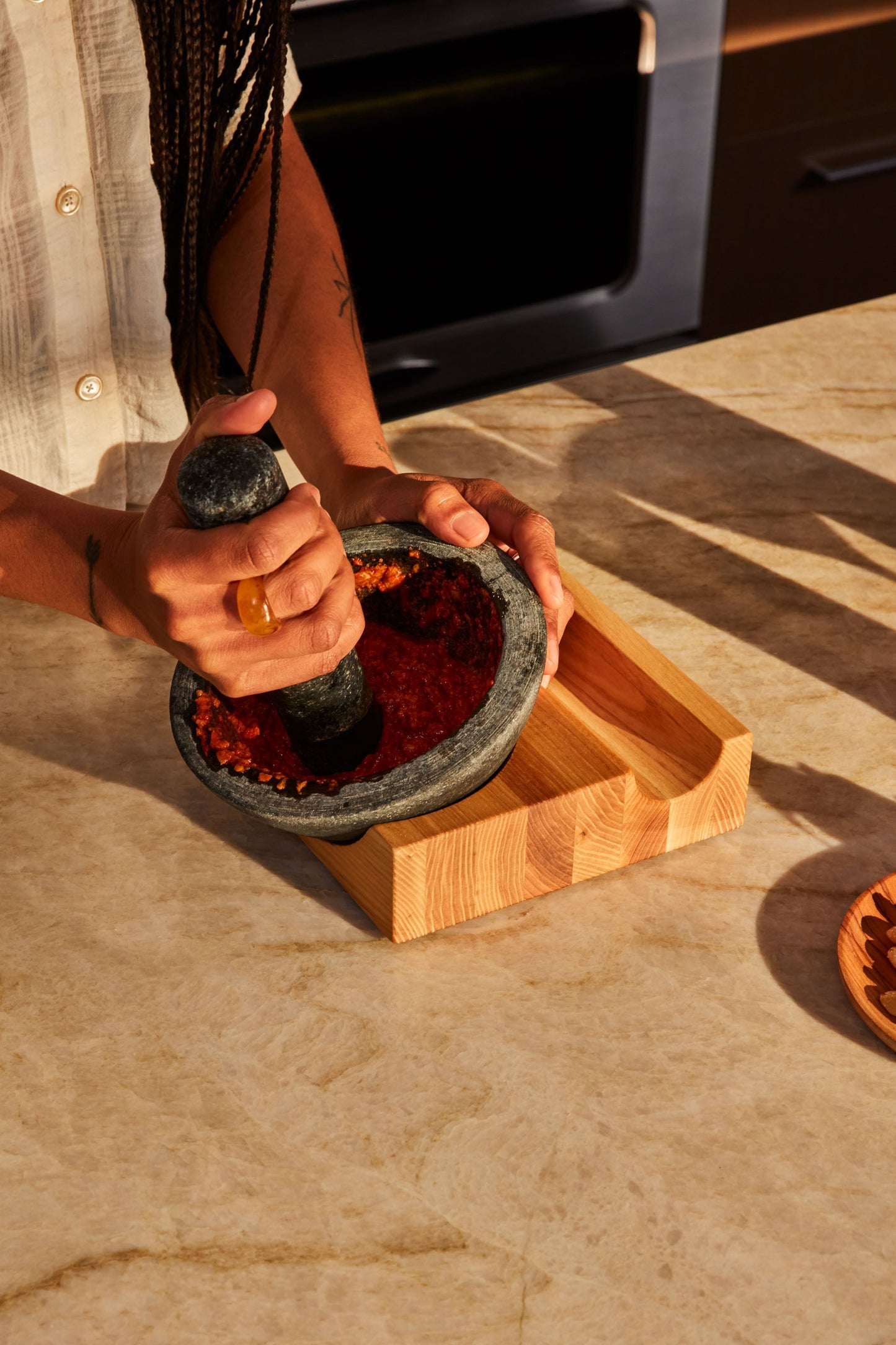 Perch mortar and pestle in use