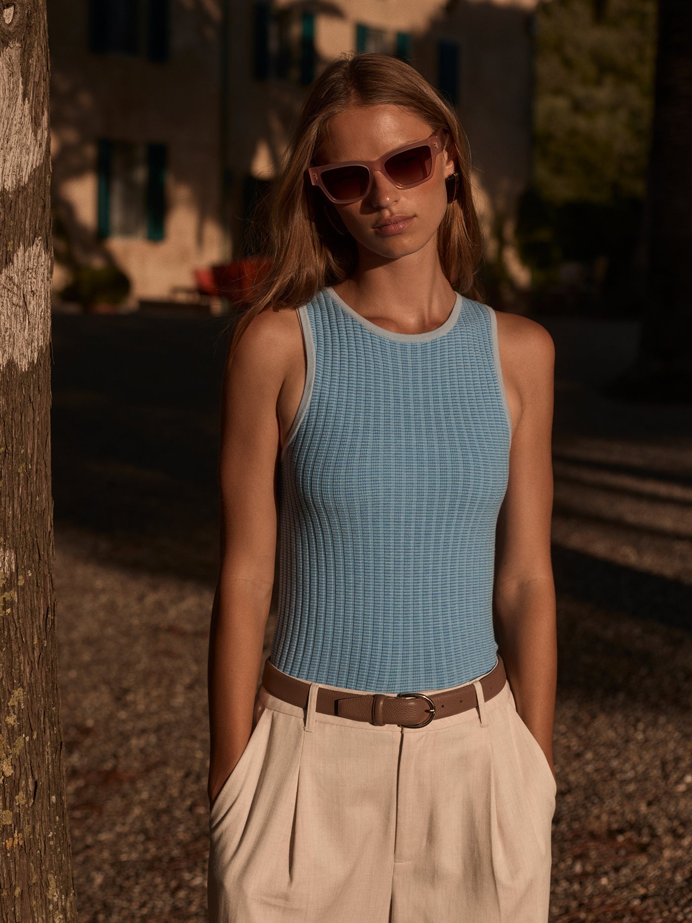 Varley Hanson Rib Knit Tank Mist Blue model