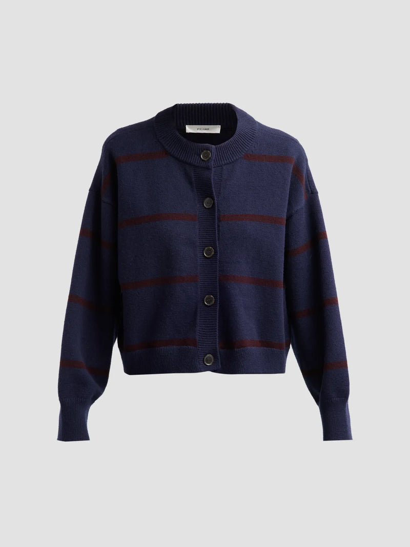 The Easy Femme Cardi in Navy Stripe, front
