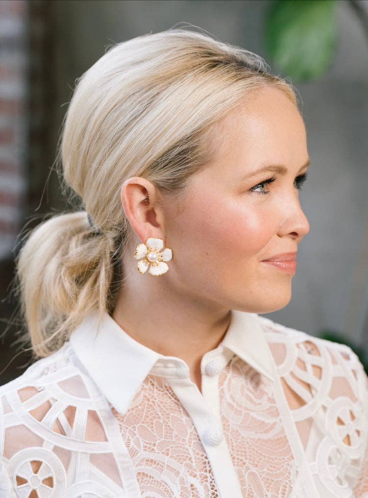 The Pink Reef - Small Hand Painted Floral Earrings - White