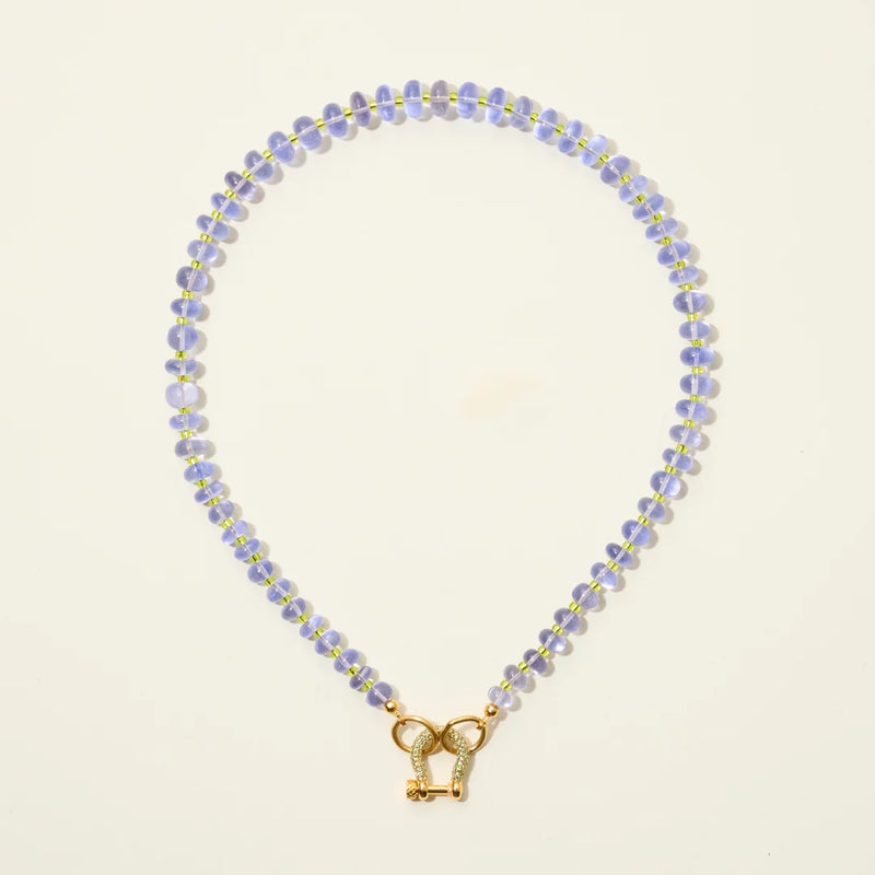 Spicy Dan Henley Necklace, tanzanite beads with mini peridot carabiner