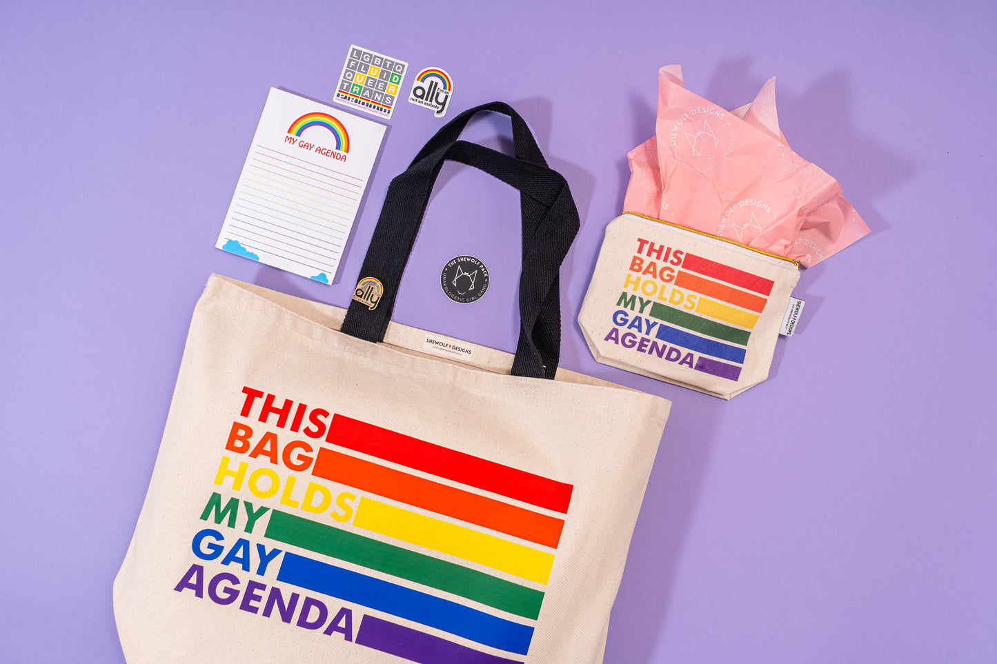 SHEWOLF Designs - My Gay Agenda Pride Pouch | LGBTQ+ Rainbow Makeup Bag