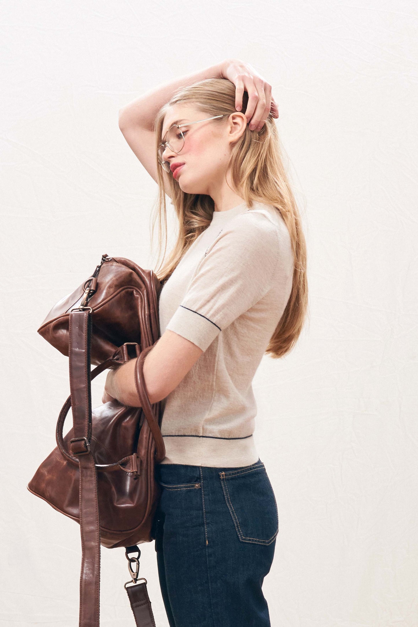 Jumper 1234 - Contrast Stitch T-Shirt - Sandstone & Navy