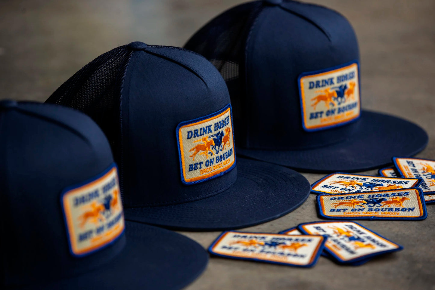 Drink Horses Bet on Bourbon Trucker Hat Navy