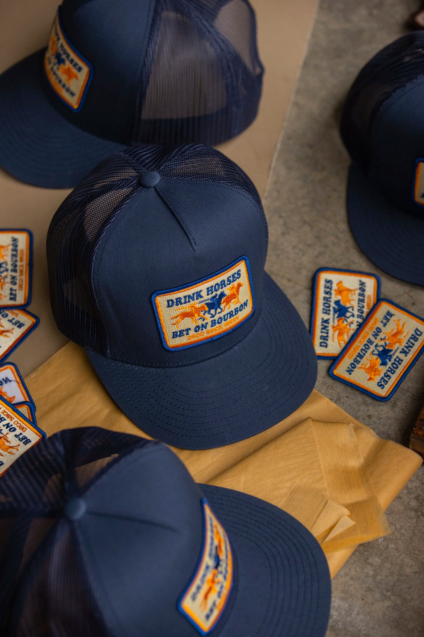 Drink Horses Bet on Bourbon Trucker Hat Navy