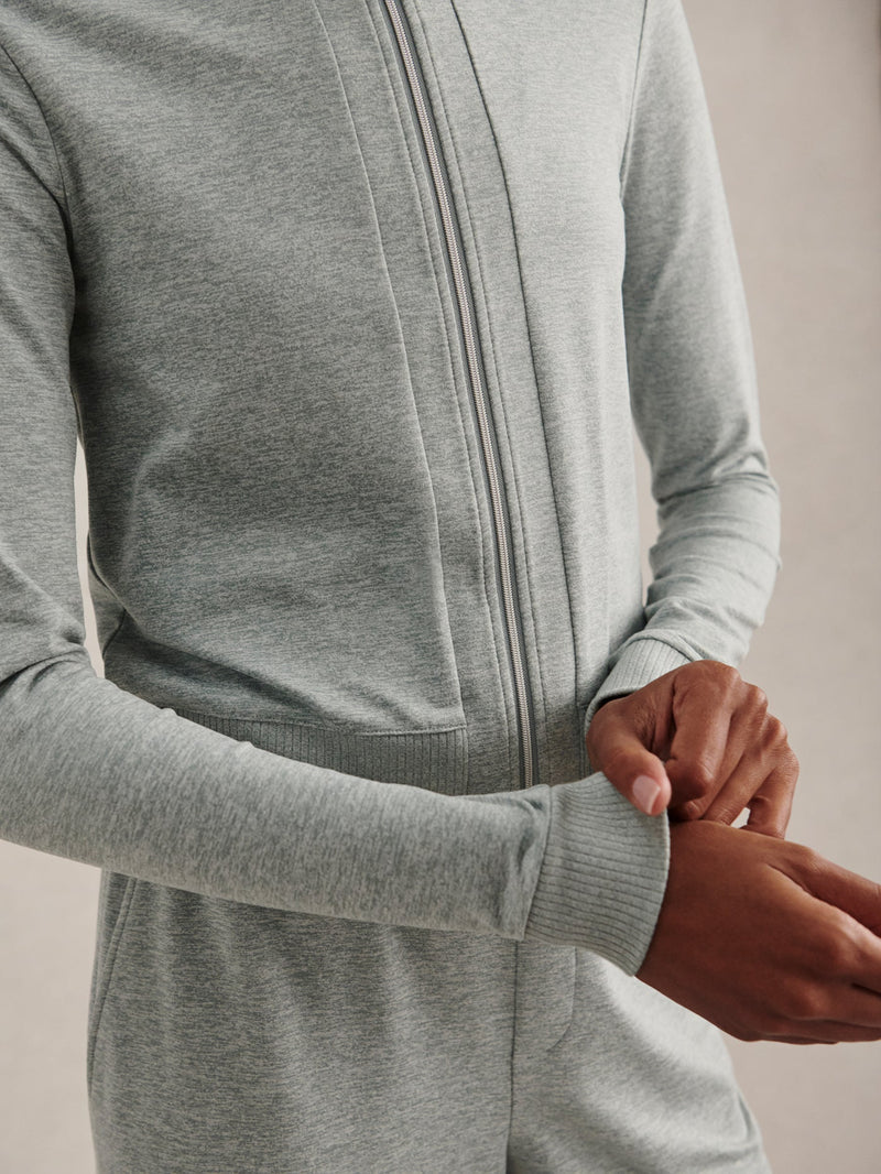 Rufus Cropped Zip Through in Blue Green Marl on model