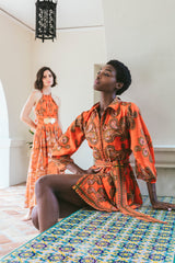 Cara Cara Raya Mini Dress in Sierra Paisley Orange - Model