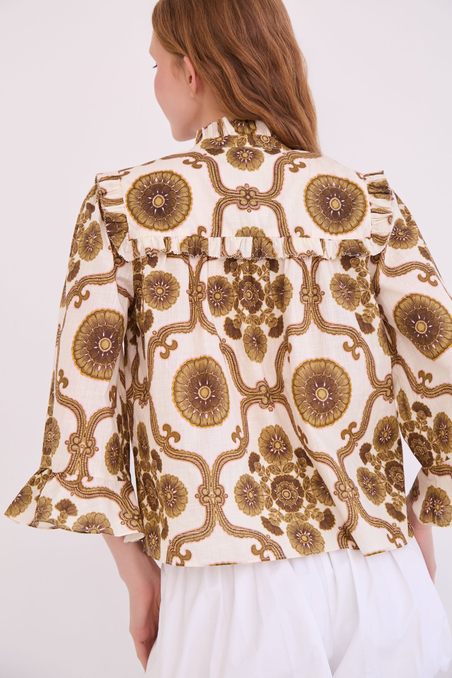 Elowen Top in Mod Floral Olive, model detail