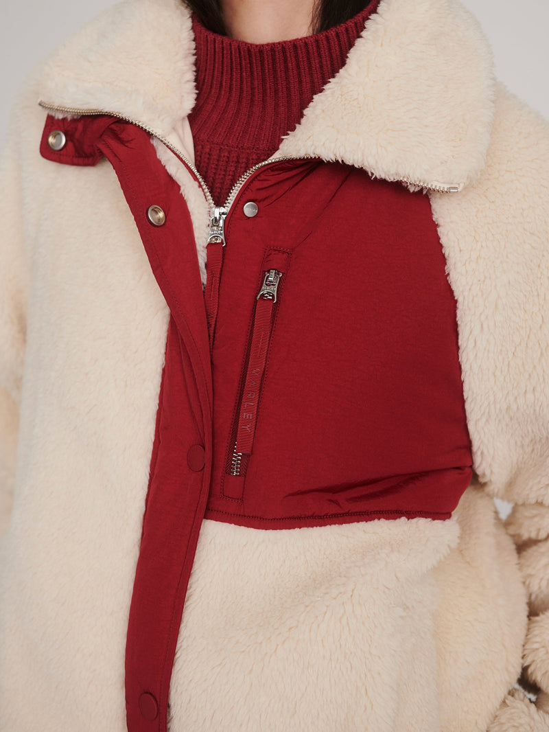 Kalyn Sherpa Jacket in Sandshell and Rumba Rose on model
