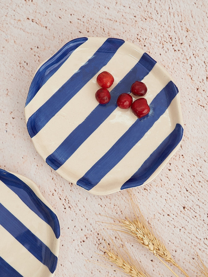 Ceramic Blue stripe plate, 6.3x6.3 Inches (Set of 4)