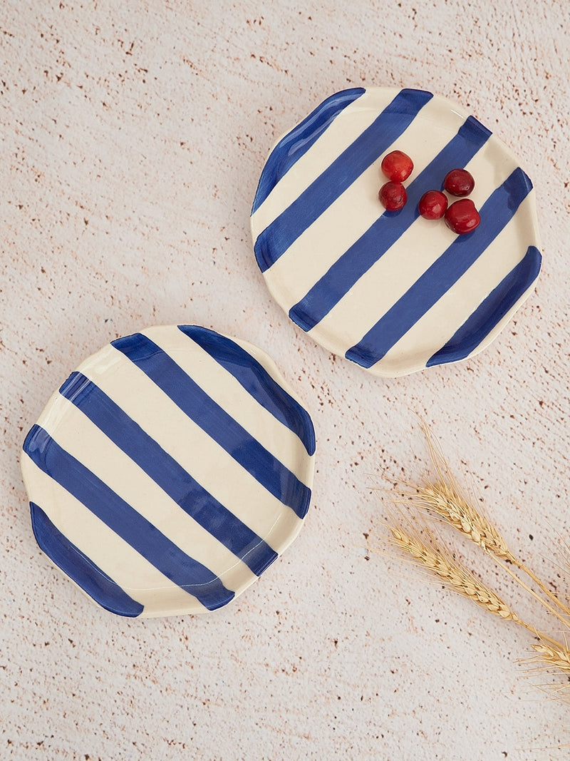 Ceramic Blue stripe plate, 6.3x6.3 Inches (Set of 4)