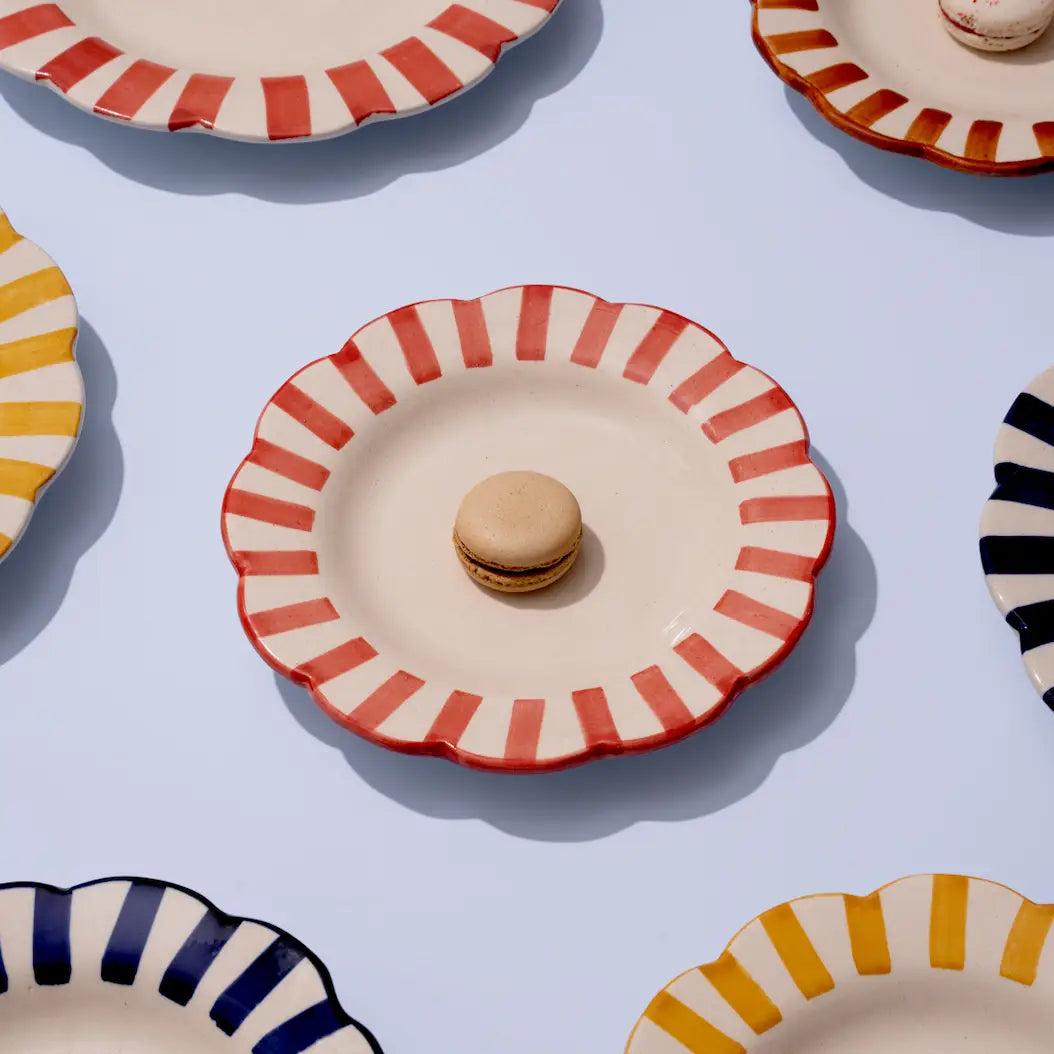 Ceramic Stripe Dinner Plate,  Red- 10 x 10 x 1.25 Inches ( Set of 2 )