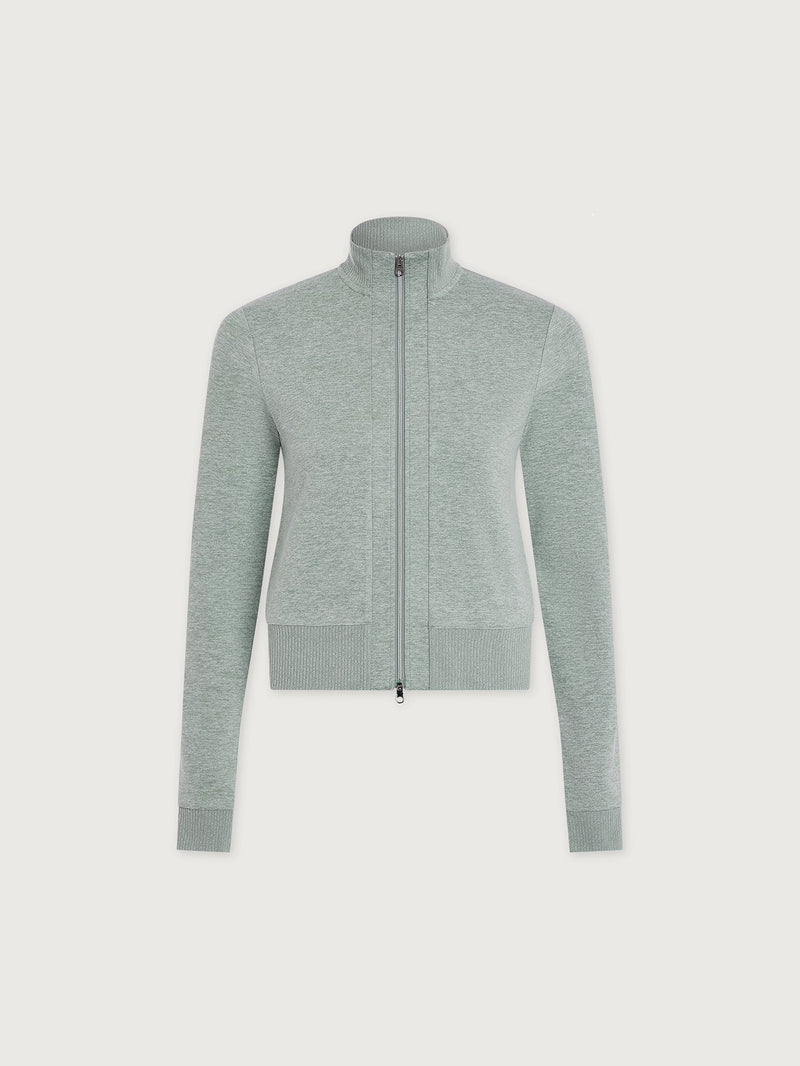 Rufus Cropped Zip Through in Blue Green Marl on model
