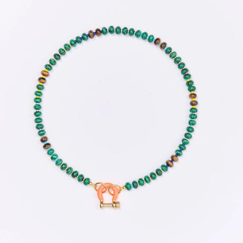Spicy Dan Bean Necklace, malachite and tiger eye beads