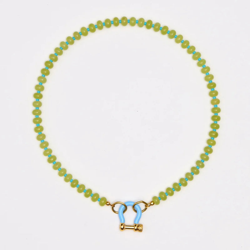 Spicy Dan Cosmo Necklace, lime quartz with blue spacer beads