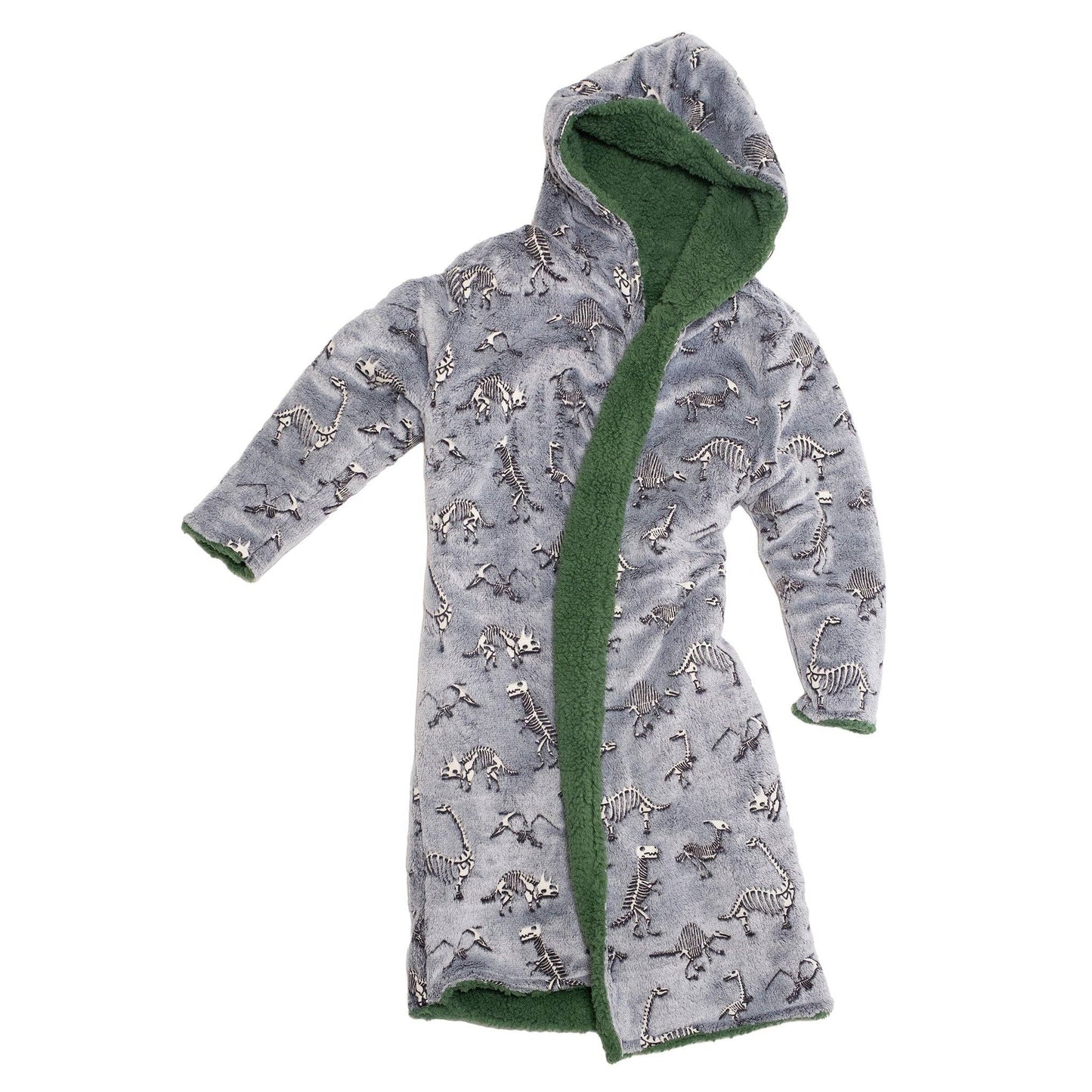 Reversible Glow-in-the-Dark & Sherpa Robe for Kids - Green Dino Bones