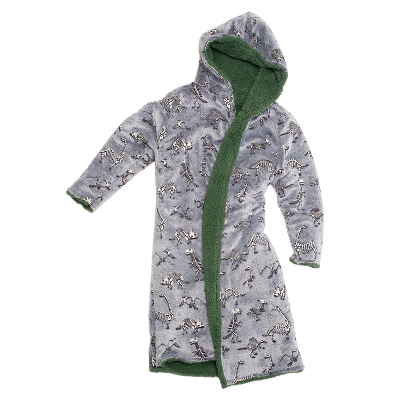 Reversible Glow-in-the-Dark & Sherpa Robe for Kids - Green Dino Bones