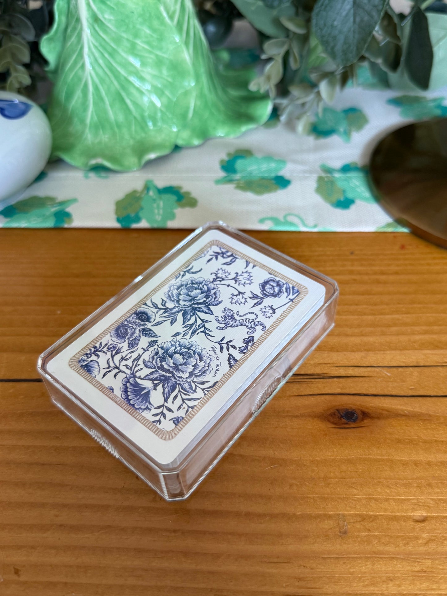 Illustrated Playing Cards with Tiger Motif and Needlepoint Accents, CHINOISERIE BLEU