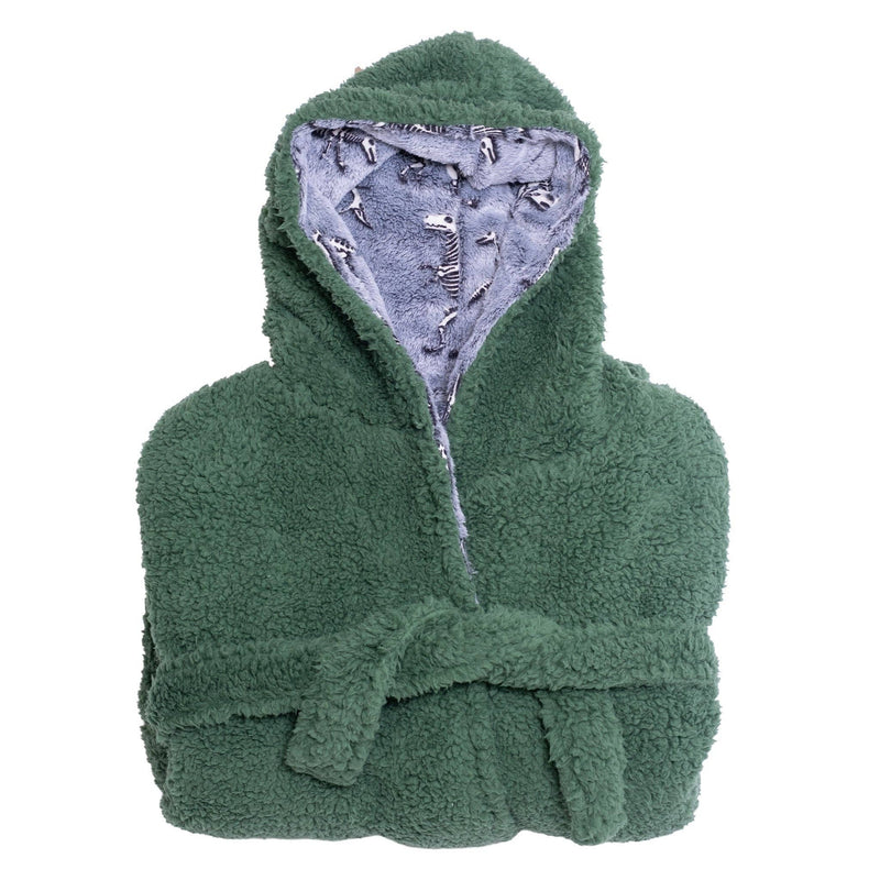 Reversible Glow-in-the-Dark & Sherpa Robe for Kids - Green Dino Bones