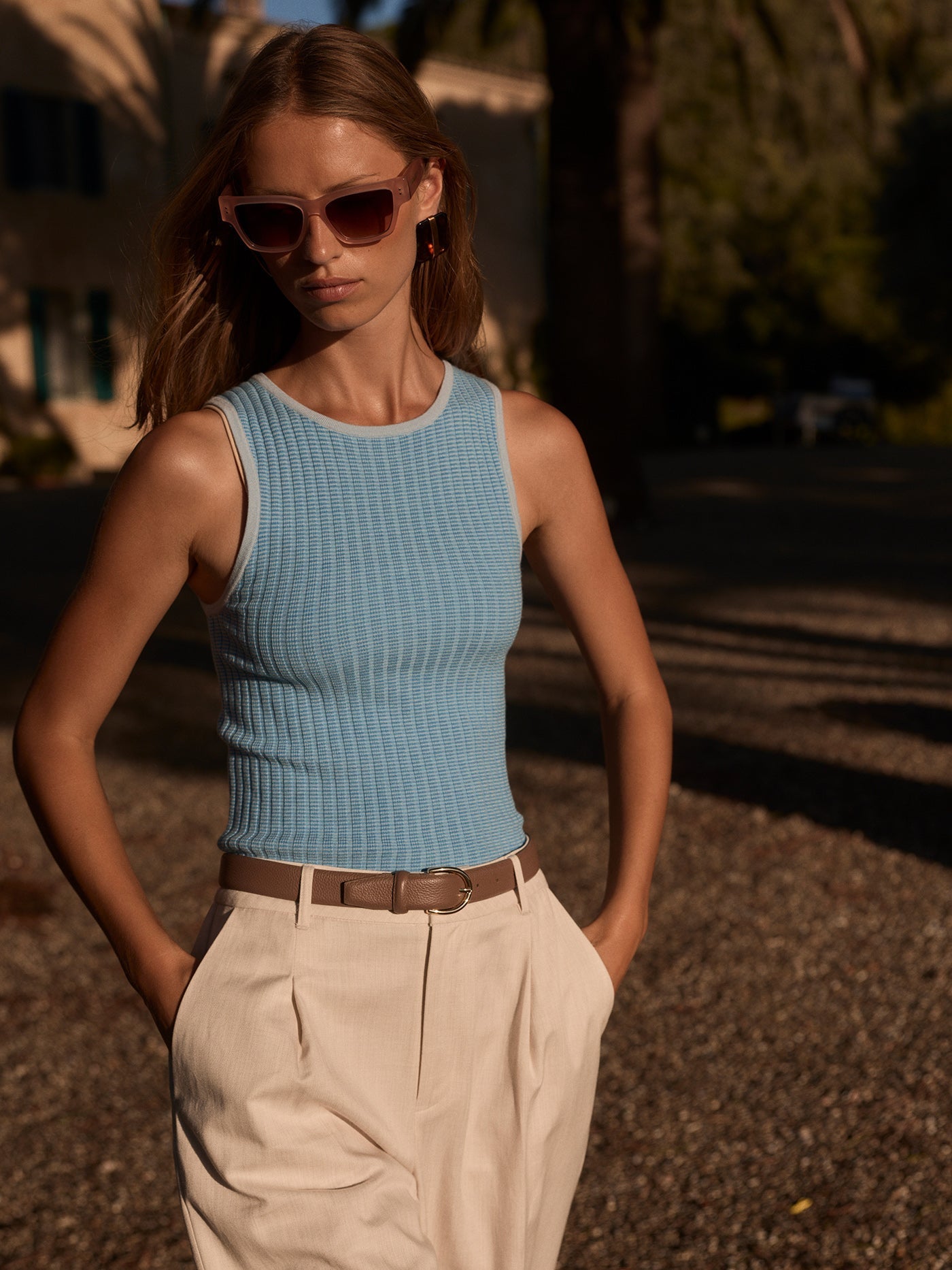 Varley Hanson Rib Knit Tank Mist Blue front