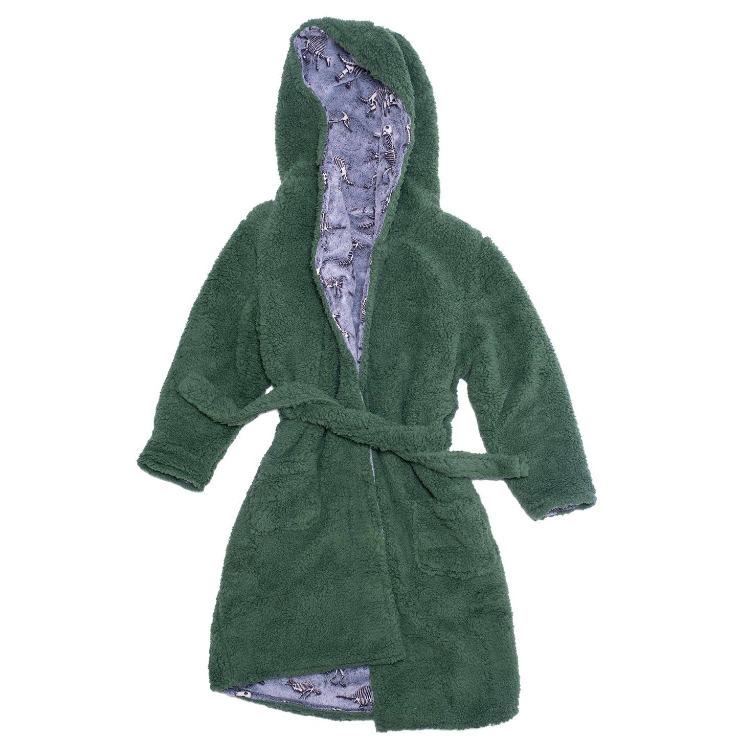 Reversible Glow-in-the-Dark & Sherpa Robe for Kids - Green Dino Bones