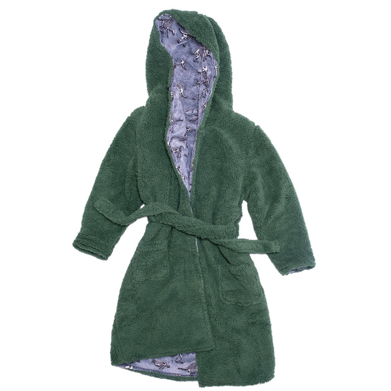 Reversible Glow-in-the-Dark & Sherpa Robe for Kids - Green Dino Bones