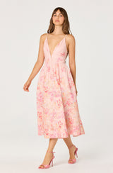 ASTR The Label - Janna Floral Plunge Midi Dress - Carnation Pink