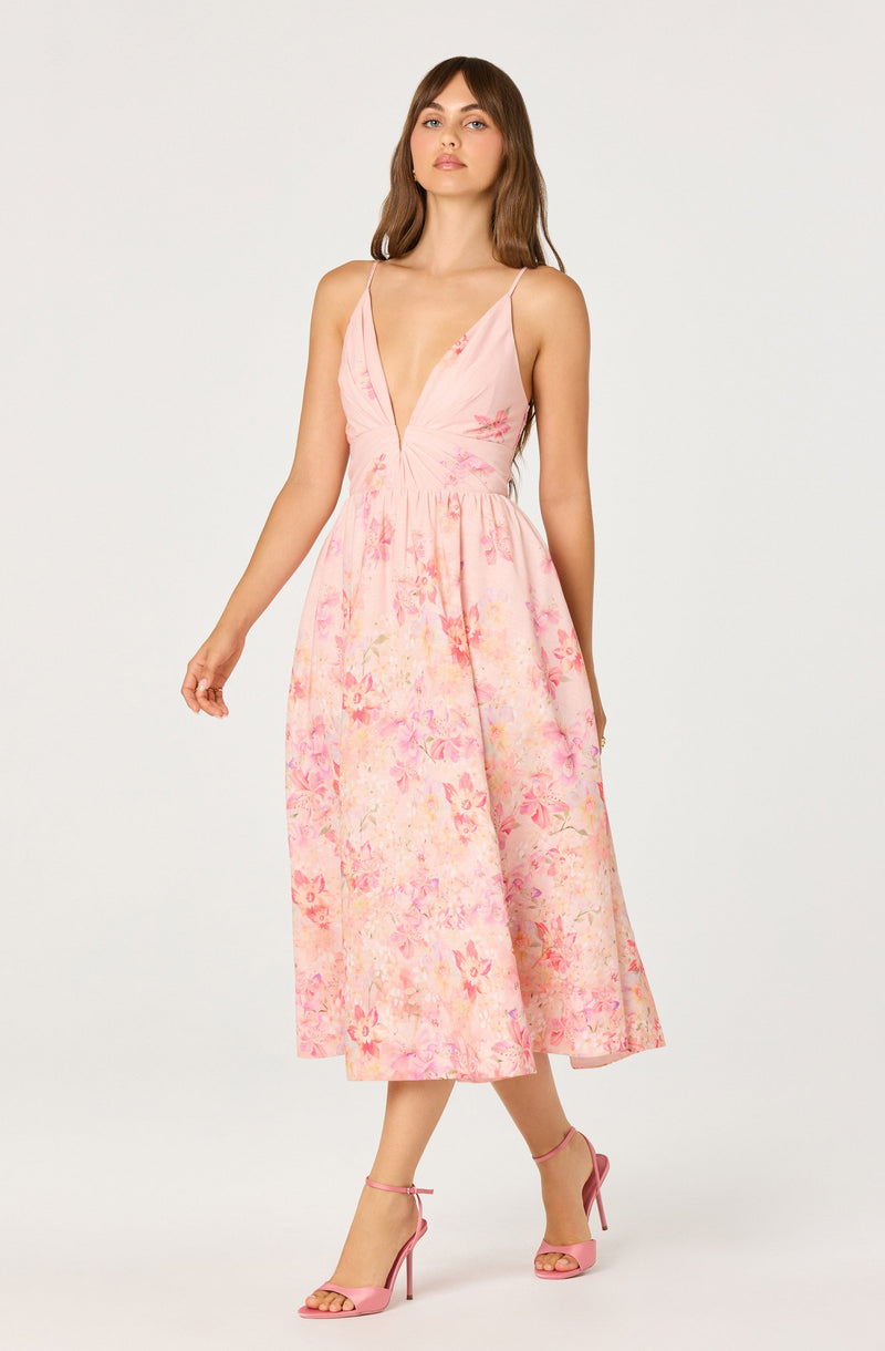 ASTR The Label - Janna Floral Plunge Midi Dress - Carnation Pink