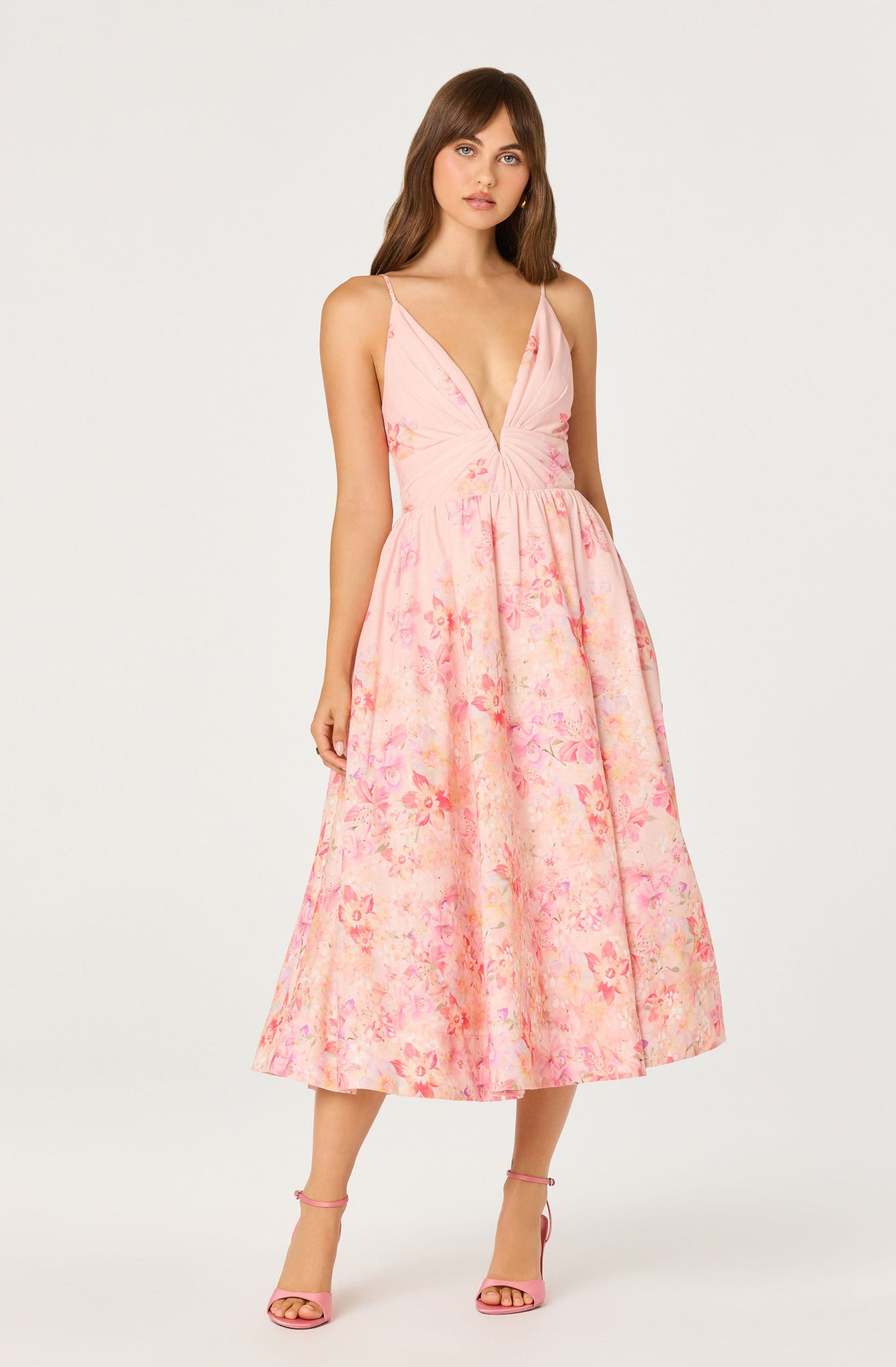 ASTR The Label - Janna Floral Plunge Midi Dress - Carnation Pink
