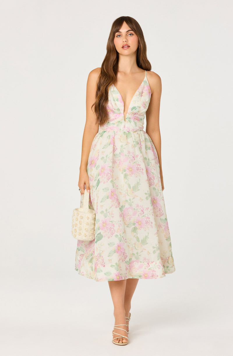 ASTR The Label - Janna Floral Plunge Midi Dress - Carnation Pink
