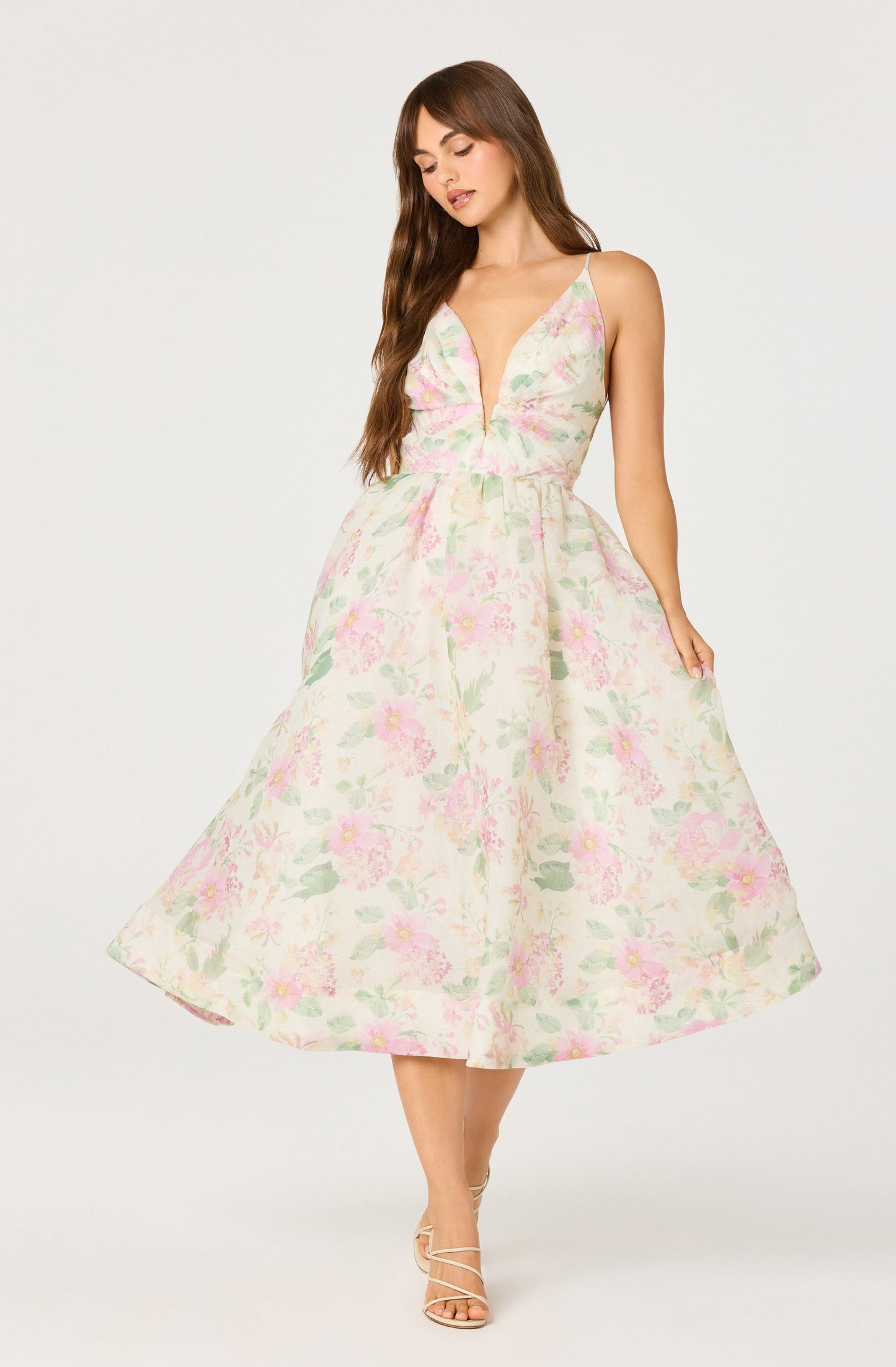 ASTR The Label - Janna Floral Plunge Midi Dress - Carnation Pink