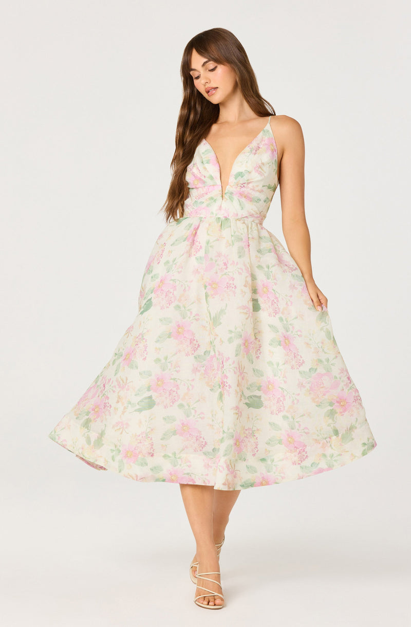 ASTR The Label - Janna Floral Plunge Midi Dress - Carnation Pink