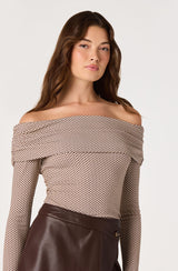 Diamante Off-Shoulder Top - Brown Gingham