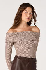 Diamante Off-Shoulder Top - Brown Gingham