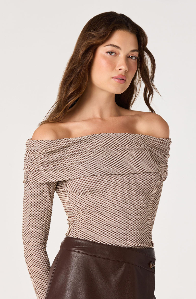 Diamante Off-Shoulder Top - Brown Gingham