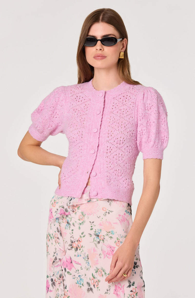 ASTR The Label - Kaydence Puff Sleeve Bobble Stitch Cardigan - Pink