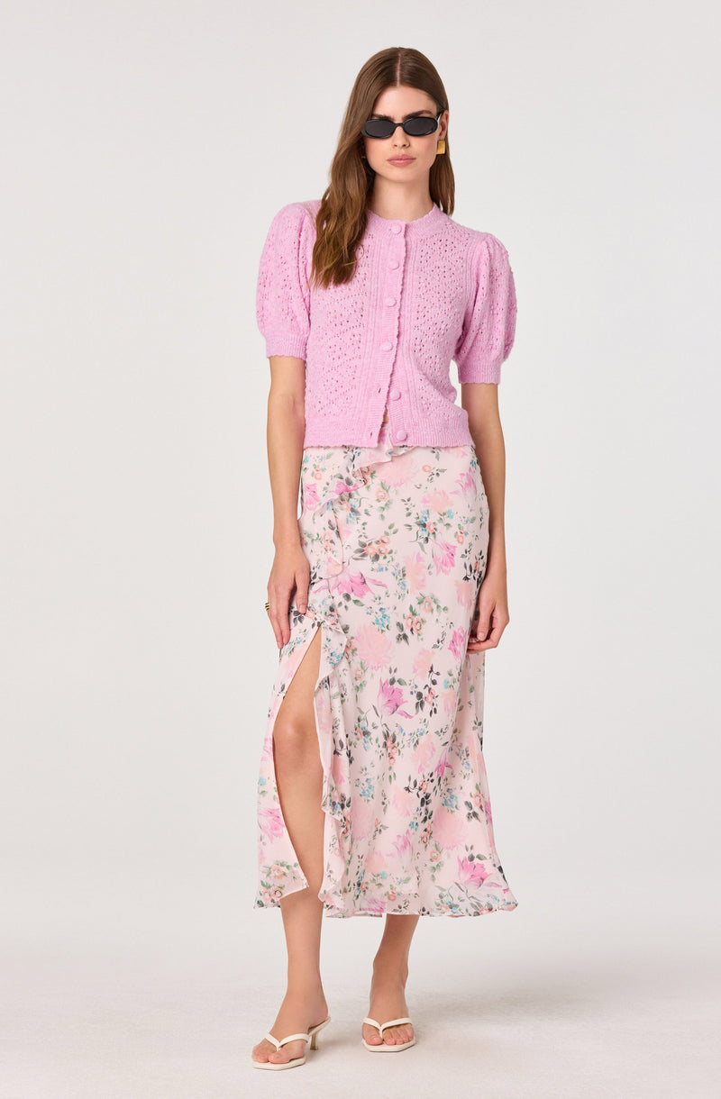ASTR The Label - Kaydence Puff Sleeve Bobble Stitch Cardigan - Pink