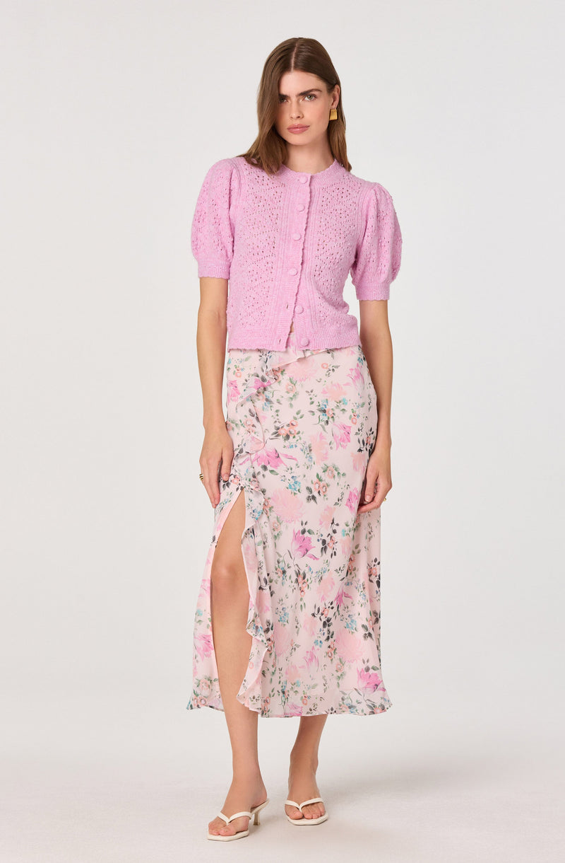 ASTR The Label - Kaydence Puff Sleeve Bobble Stitch Cardigan - Pink