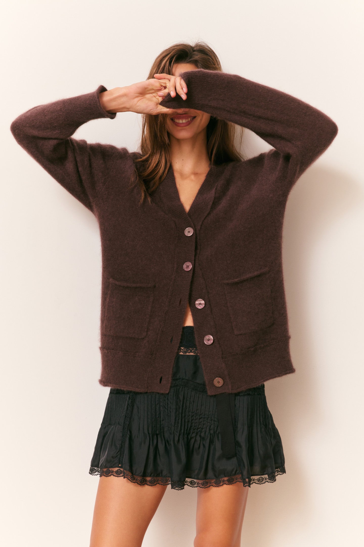 LoveShackFancy - Applene Brushed Cashmere Cardigan - Chocolate Brown