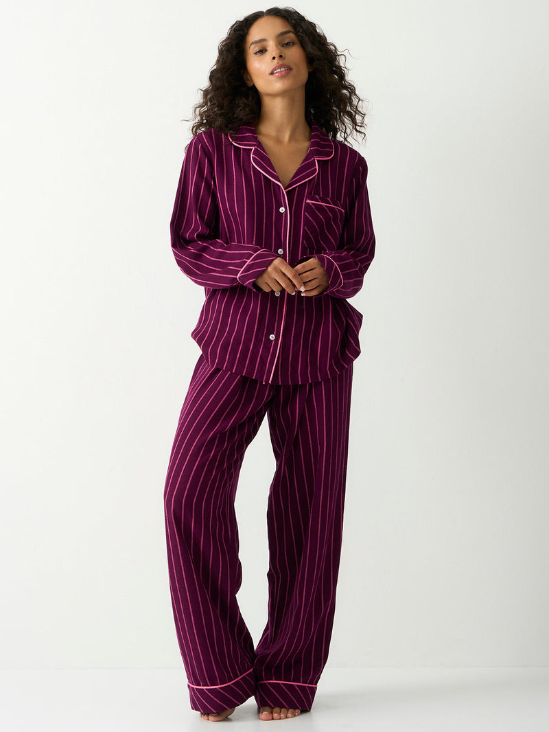 Ecovero Long Sleeve Pyjama Top in Black Cherry & Pink Pop Tailored Stripe, on model