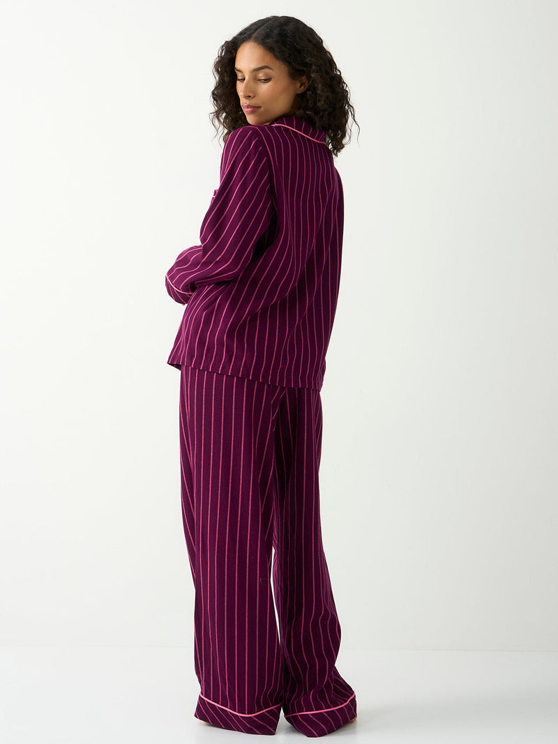 Ecovero Long Sleeve Pyjama Top in Black Cherry & Pink Pop Tailored Stripe, styled