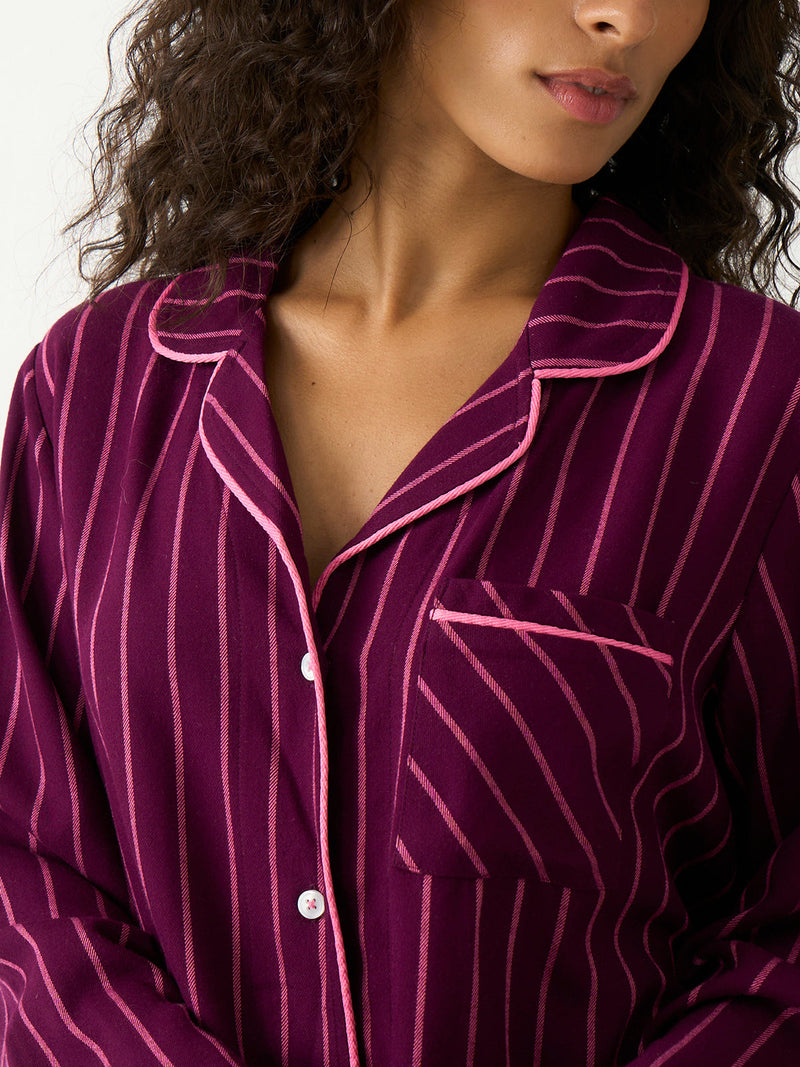 Ecovero Long Sleeve Pyjama Top in Black Cherry & Pink Pop Tailored Stripe, detail