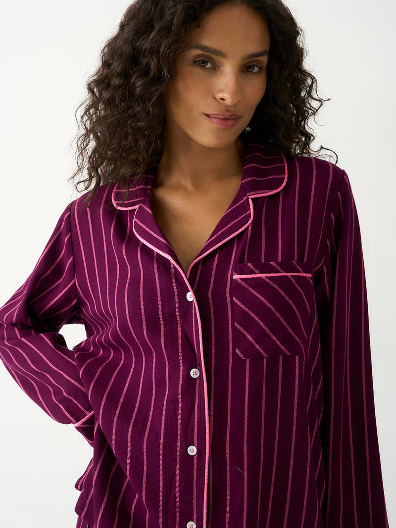 Ecovero Long Sleeve Pyjama Top in Black Cherry & Pink Pop Tailored Stripe, front