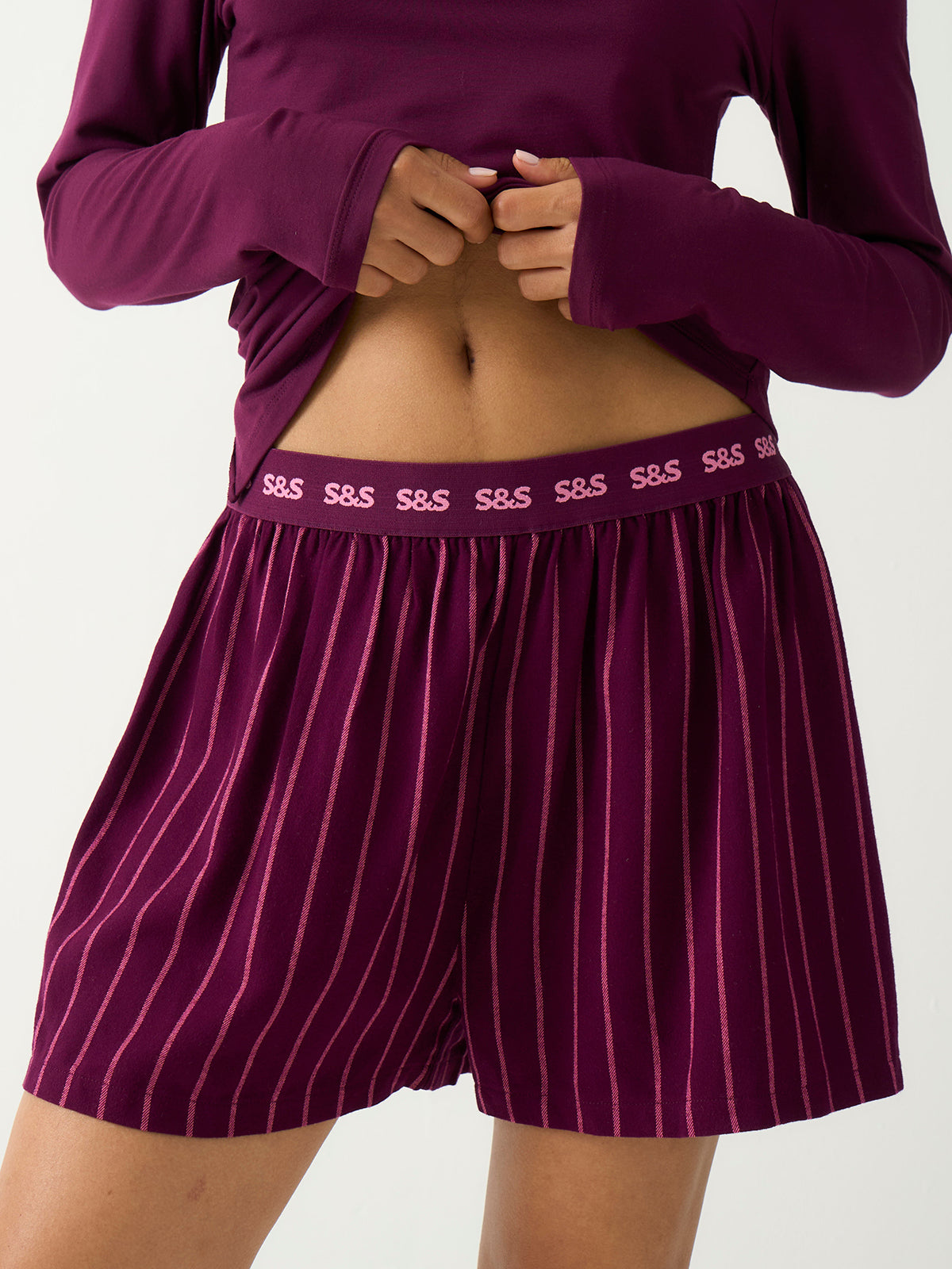 Ecovero Pyjama Shorts in Black Cherry & Pink Pop Tailored Stripe, front