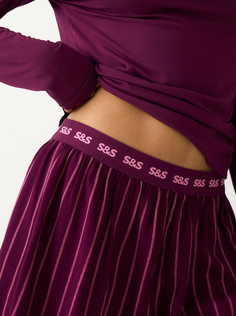 Ecovero Pyjama Shorts in Black Cherry & Pink Pop Tailored Stripe, styled