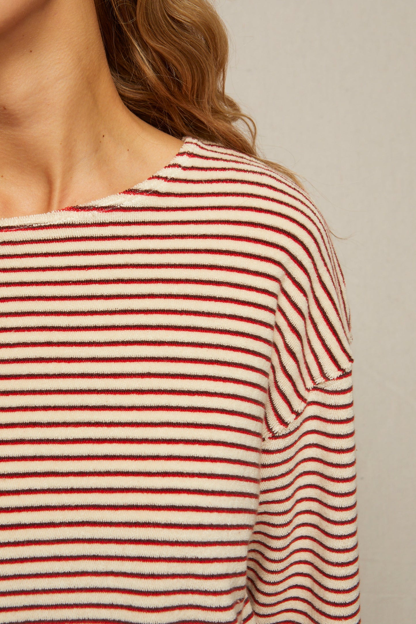 PerfectWhiteTee - Cami Loop Terry Stripe Long Sleeve Top - Poppy Chocolate Stripe