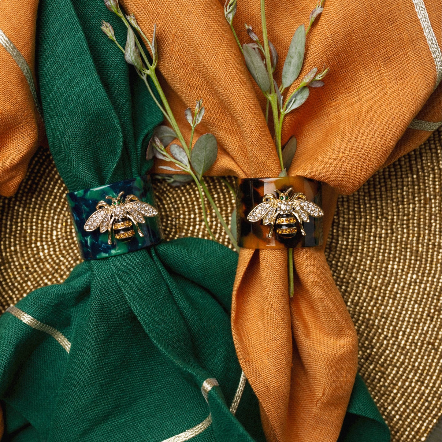 Stripey bee resin napkin rings, green tortoiseshell, set of four