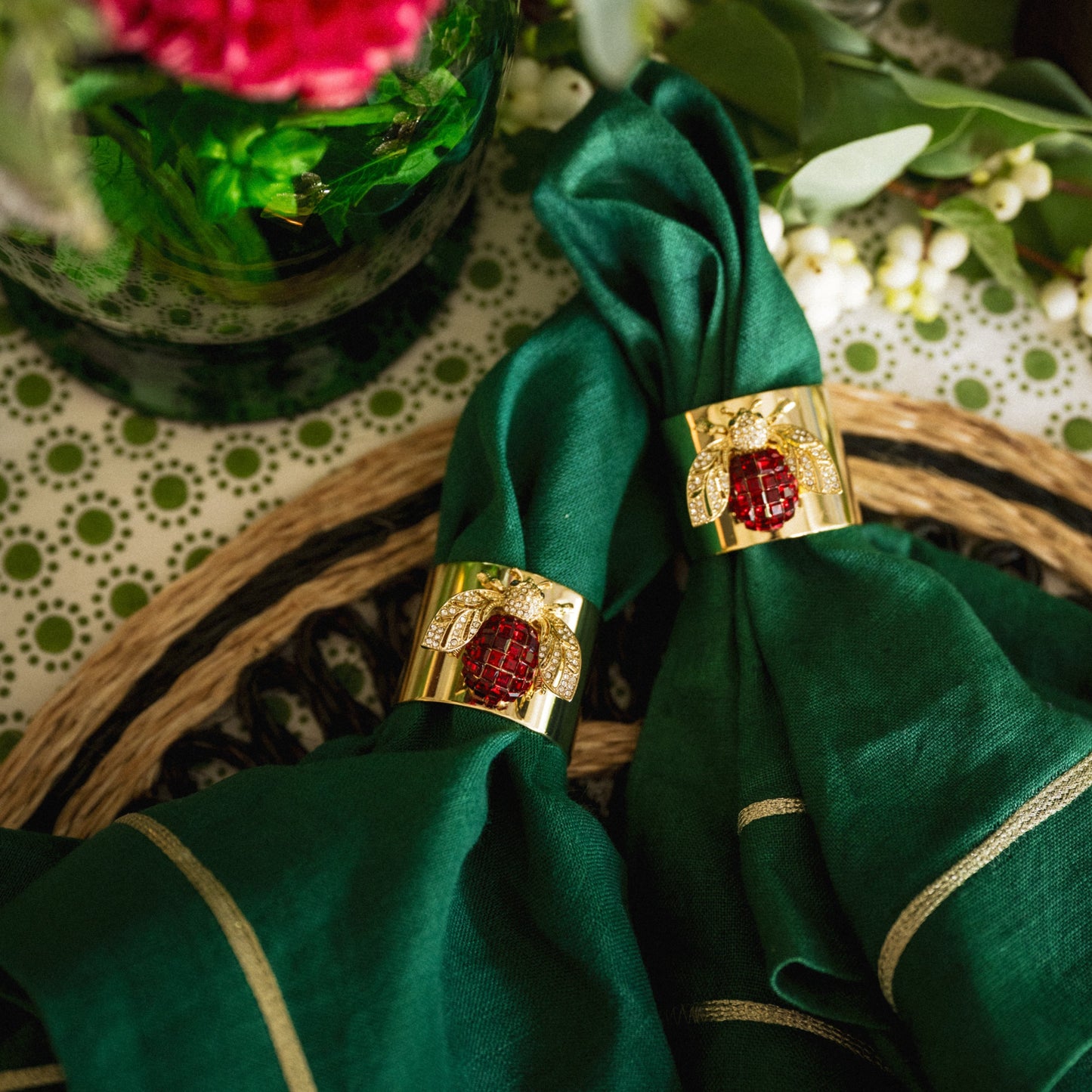 Gold trim dinner napkins, hunter green, set of two